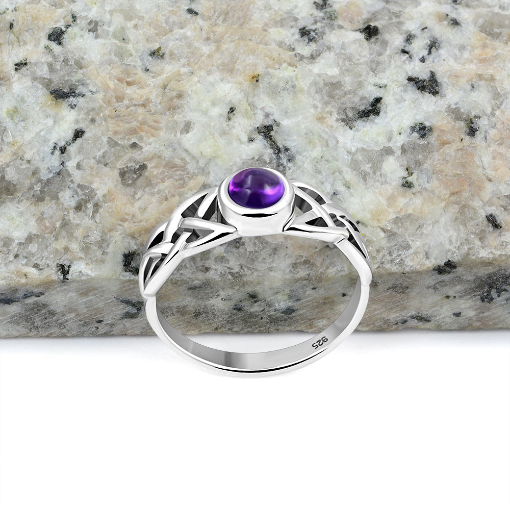 Irish Gaelic Celtic Knot 925 Sterling Silver Ring With Amethyst Stone
