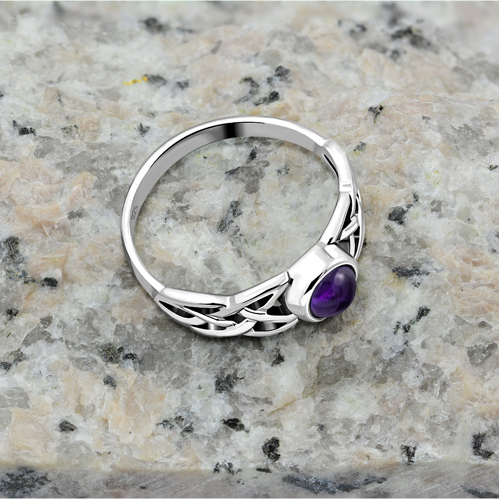 Irish Gaelic Celtic Knot 925 Sterling Silver Ring With Amethyst Stone