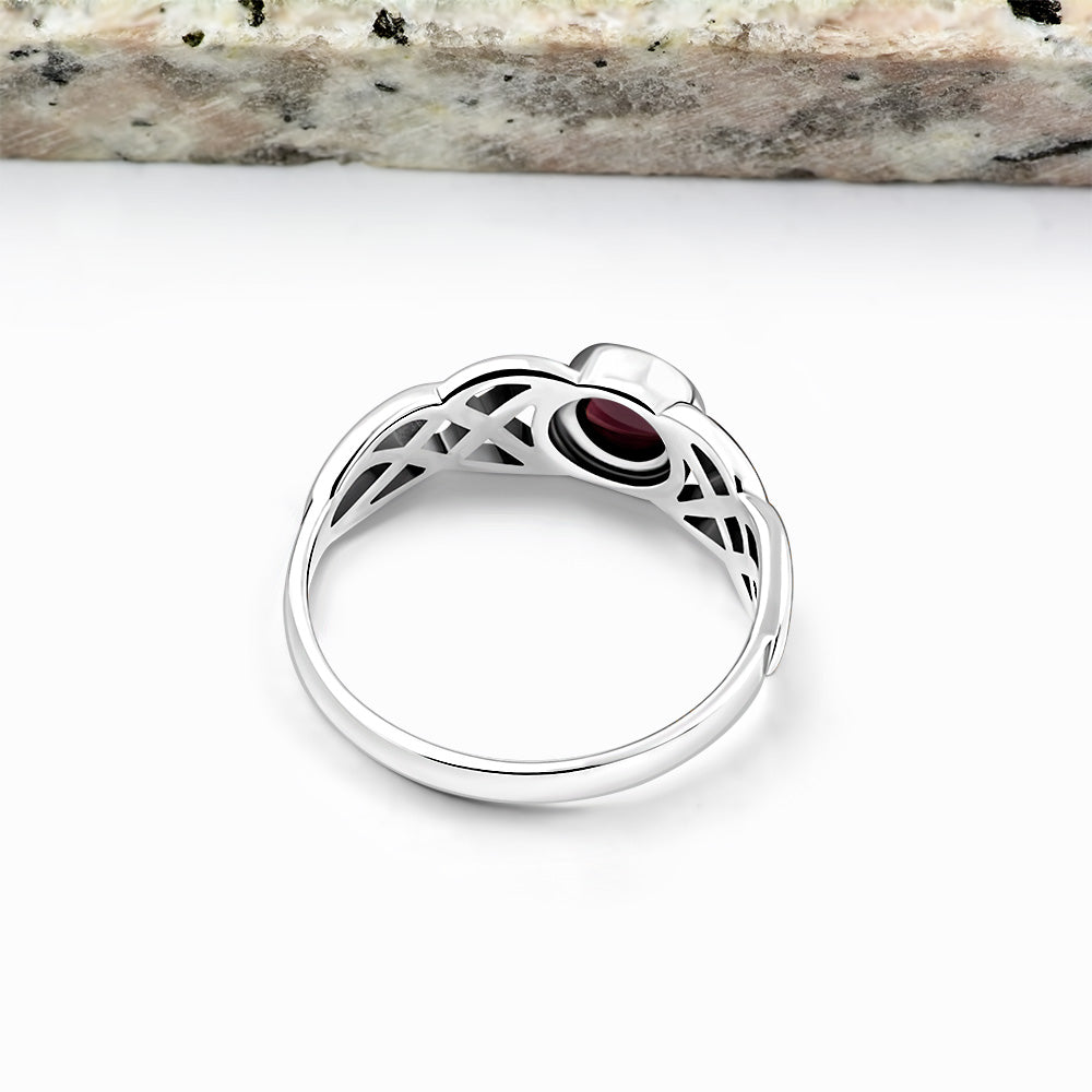 Irish Gaelic Celtic Knot 925 Sterling Silver Ring With Garnet Stone
