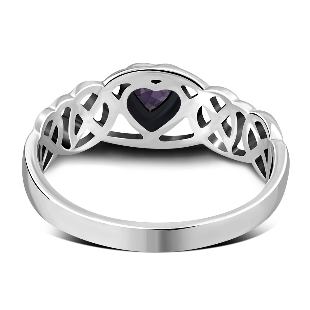 Celtic Knot Amethyst CZ Heart Silver Ring