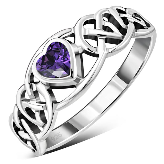 Celtic Knot Amethyst CZ Heart Silver Ring