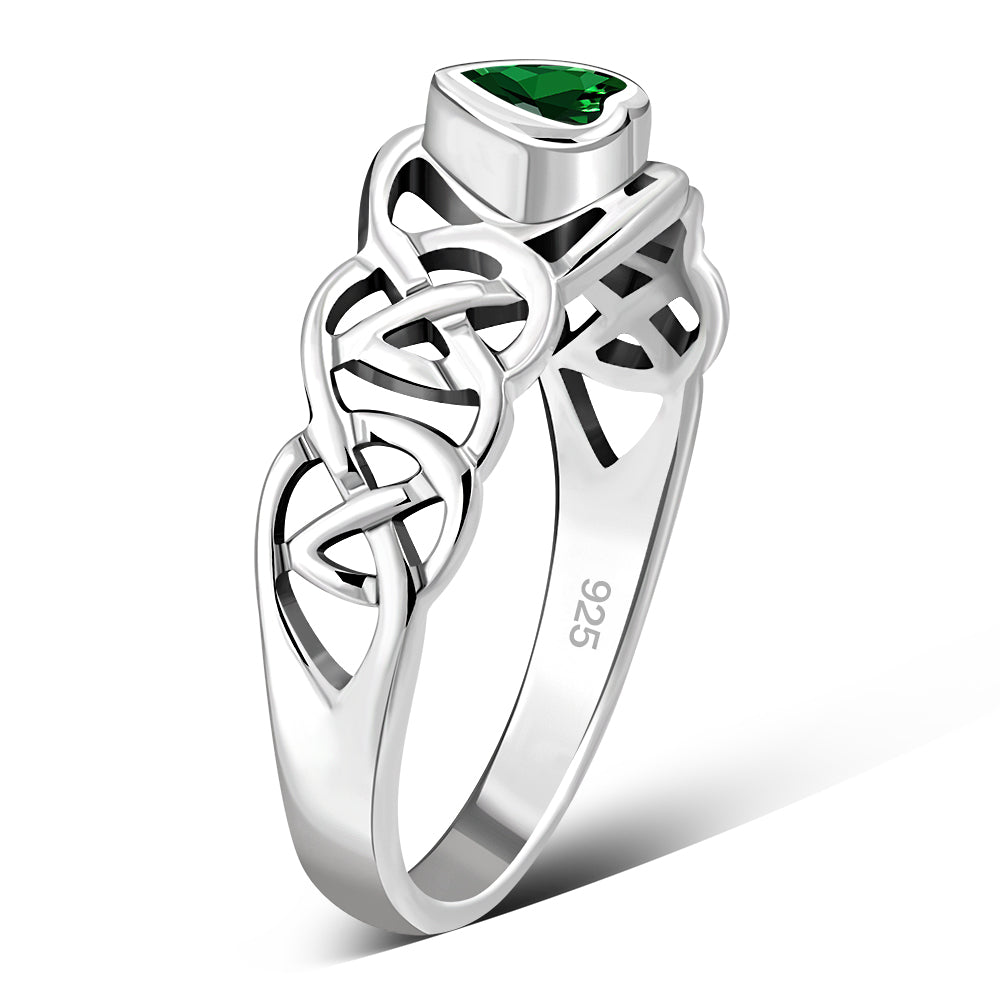 Celtic Knot Green CZ Heart Silver Ring