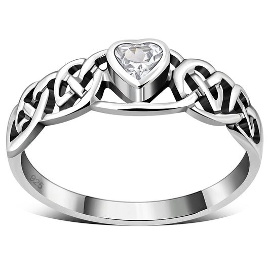 Celtic Knot Clear CZ Heart Silver Ring