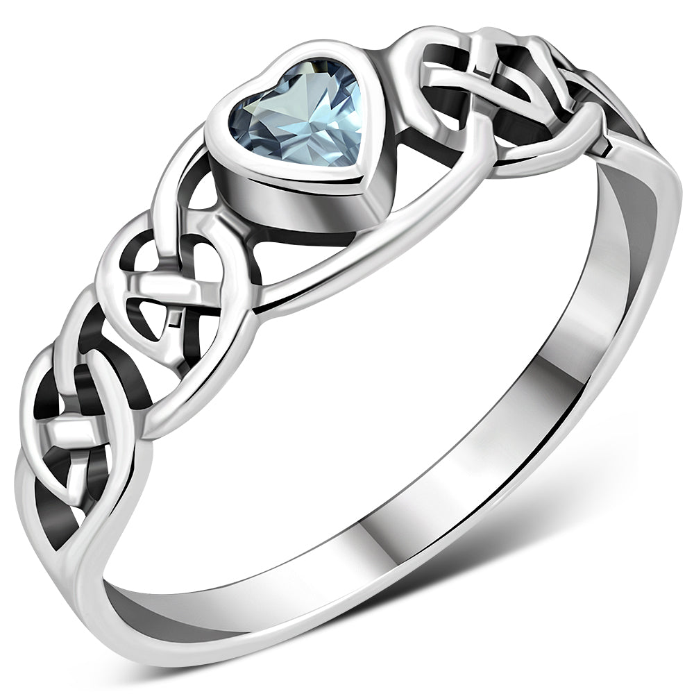 Celtic Knot Blue Topaz CZ Heart Silver Ring
