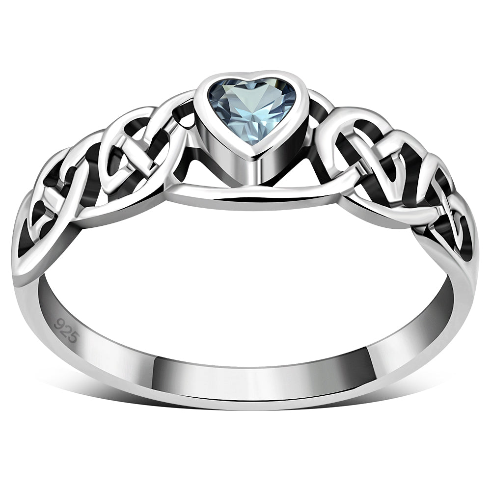 Celtic Knot Blue Topaz CZ Heart Silver Ring