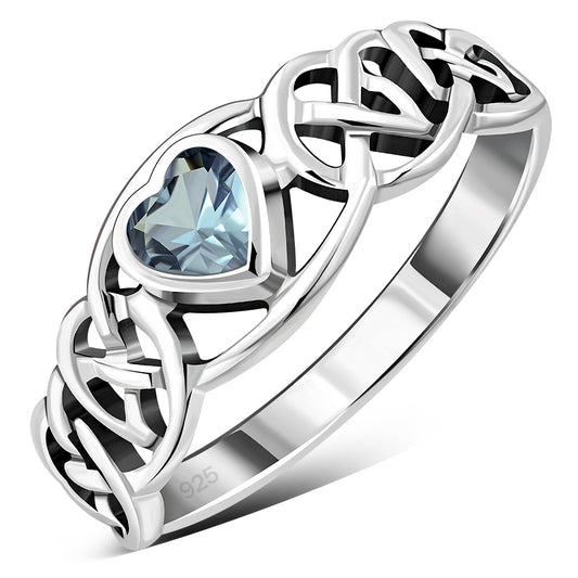 Celtic Knot Blue Topaz CZ Heart Silver Ring
