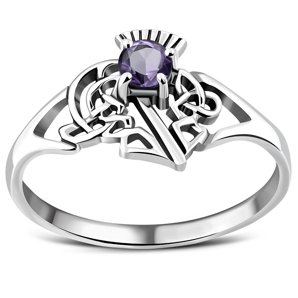 Scottish Thistle Amethyst Stone Silver Ring
