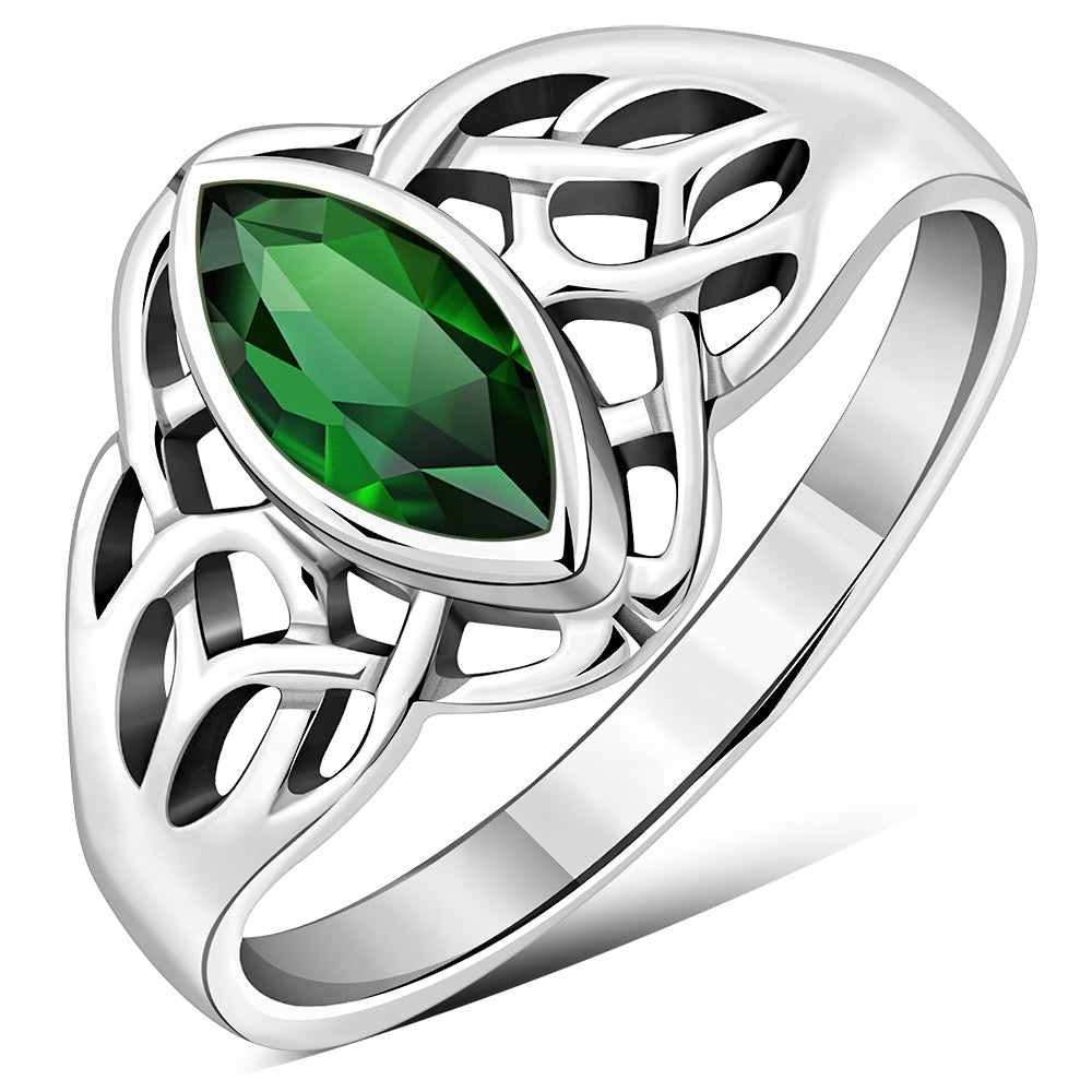 Celtic Knot Green CZ Silver Ring