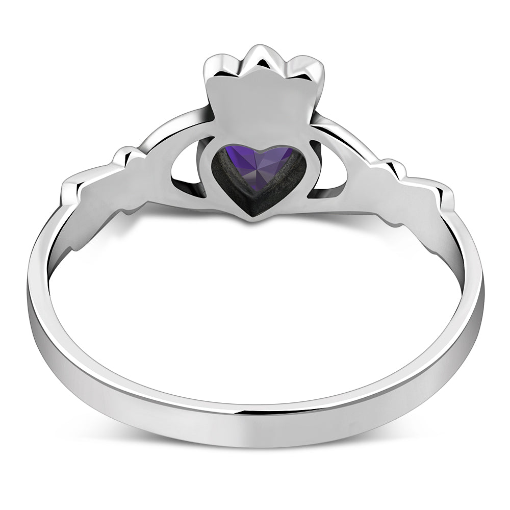 Amethyst CZ Irish Claddagh Silver Ring