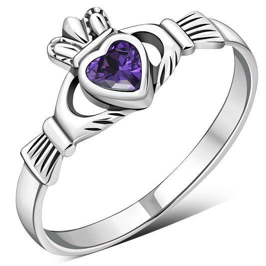 Amethyst CZ Irish Claddagh Silver Ring