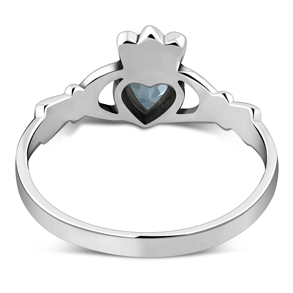 Blue Topaz CZ Irish Claddagh Silver Ring