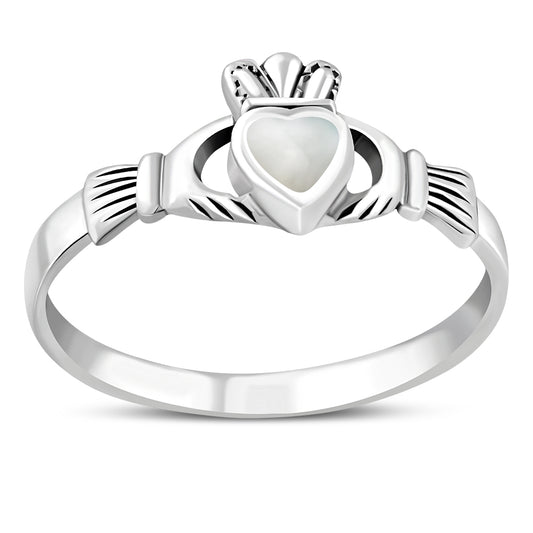 Mother of Pearl Irish Claddagh Silver Ring