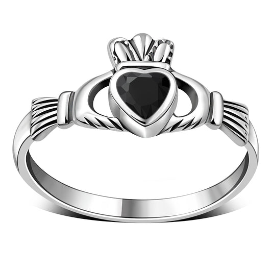 Faceted Black Onyx Claddagh Silver Ring