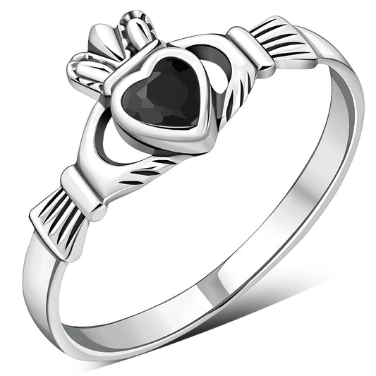 Faceted Black Onyx Claddagh Silver Ring
