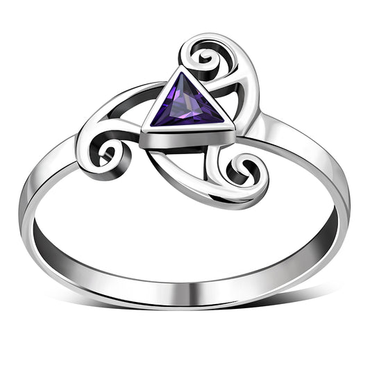 Amethyst CZ Triskele Triple Spiral Silver Ring