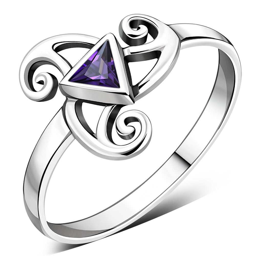 Amethyst CZ Triskele Triple Spiral Silver Ring