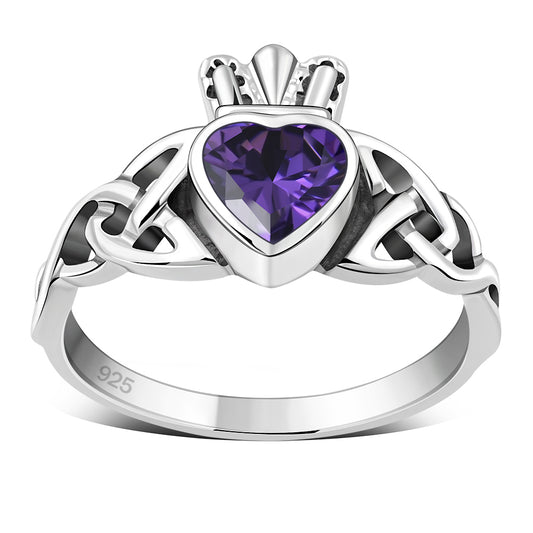 Trinity Knot Amethyst CZ Claddagh Silver Ring