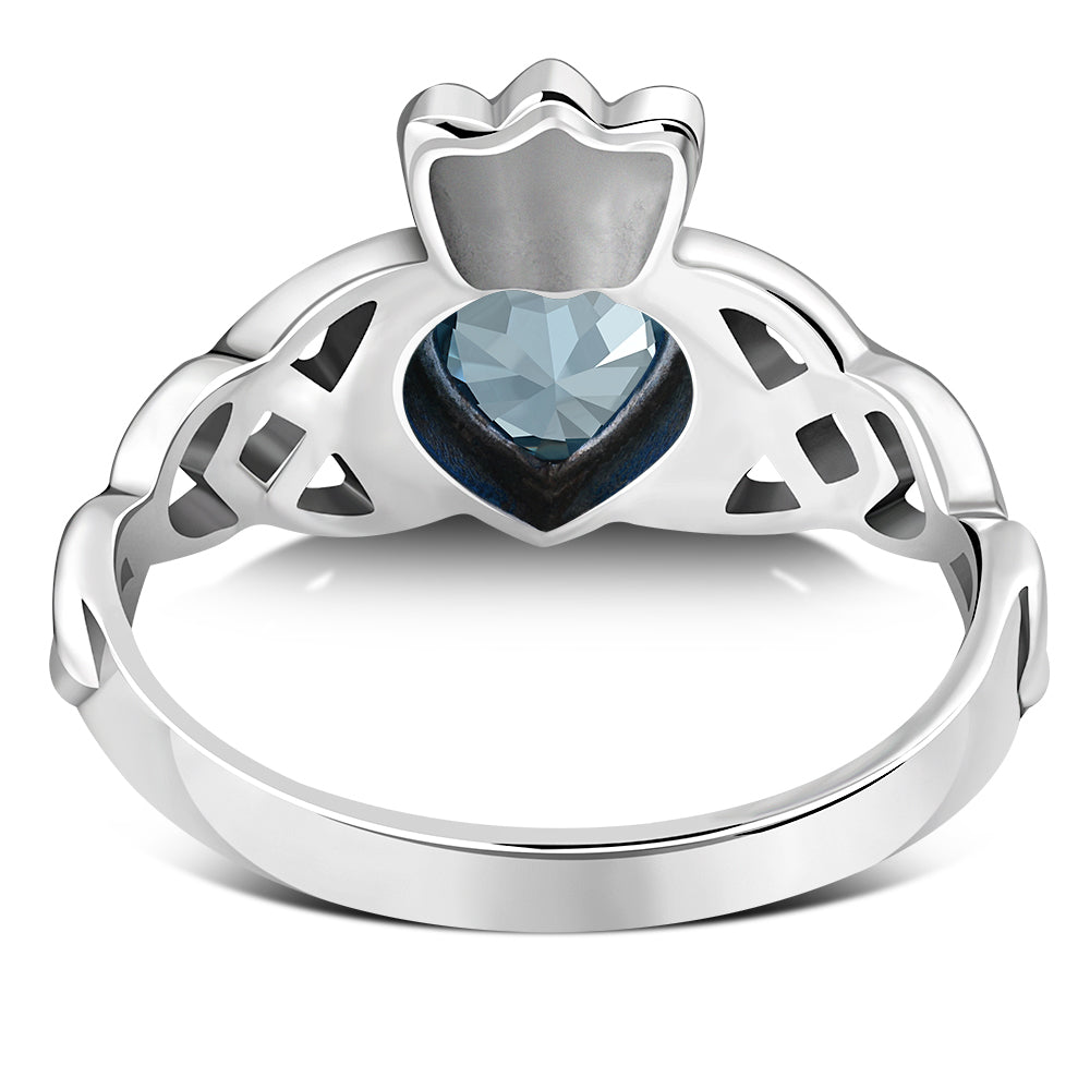 Trinity Knot Blue Topaz CZ Claddagh Silver Ring