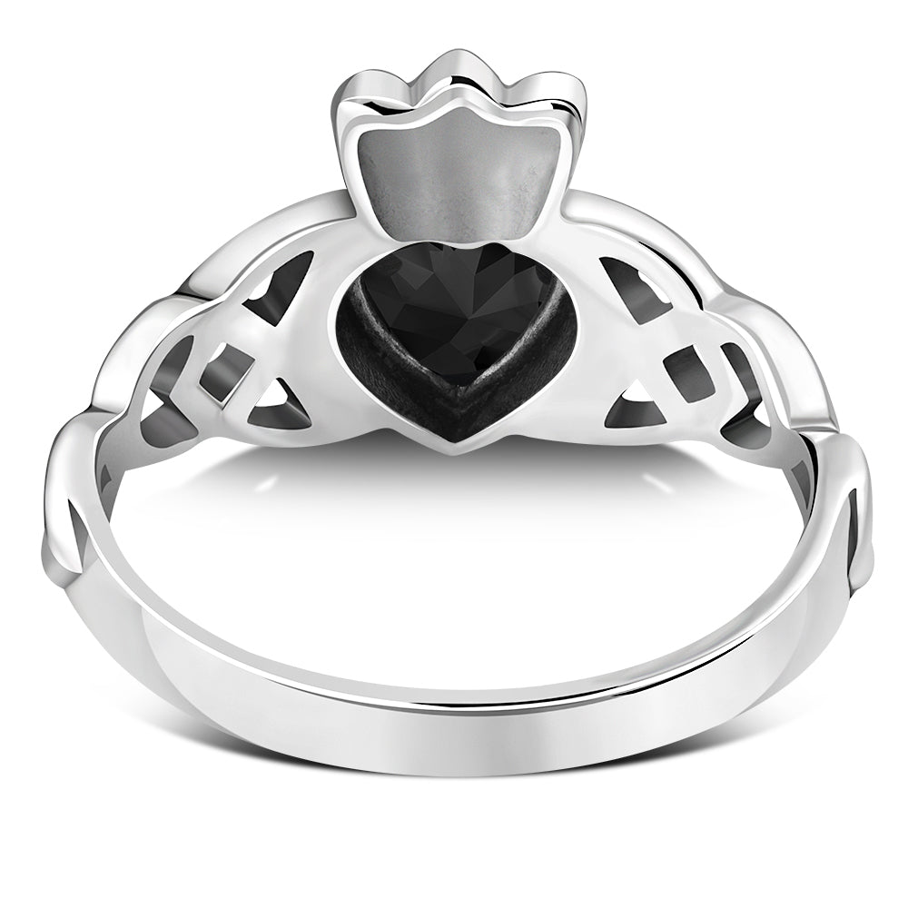 Faceted Black Onyx Trinity Knot Claddagh Silver Ring
