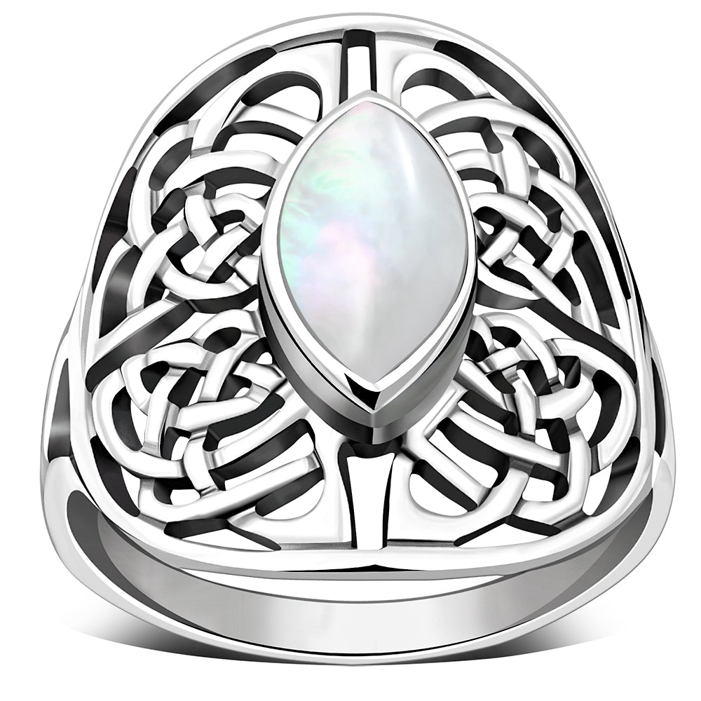 Large Mother Of Pearl Celtic Knot Silver Ring