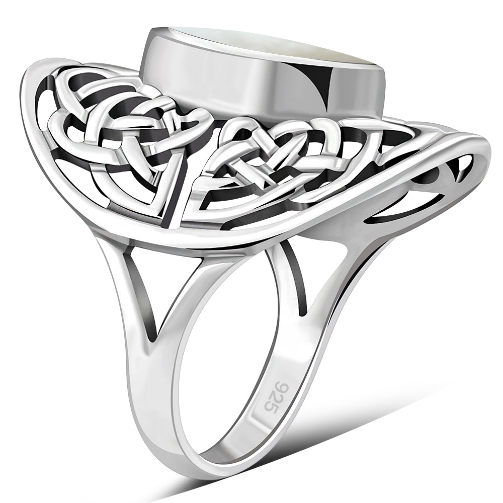 Large Mother Of Pearl Celtic Knot Silver Ring
