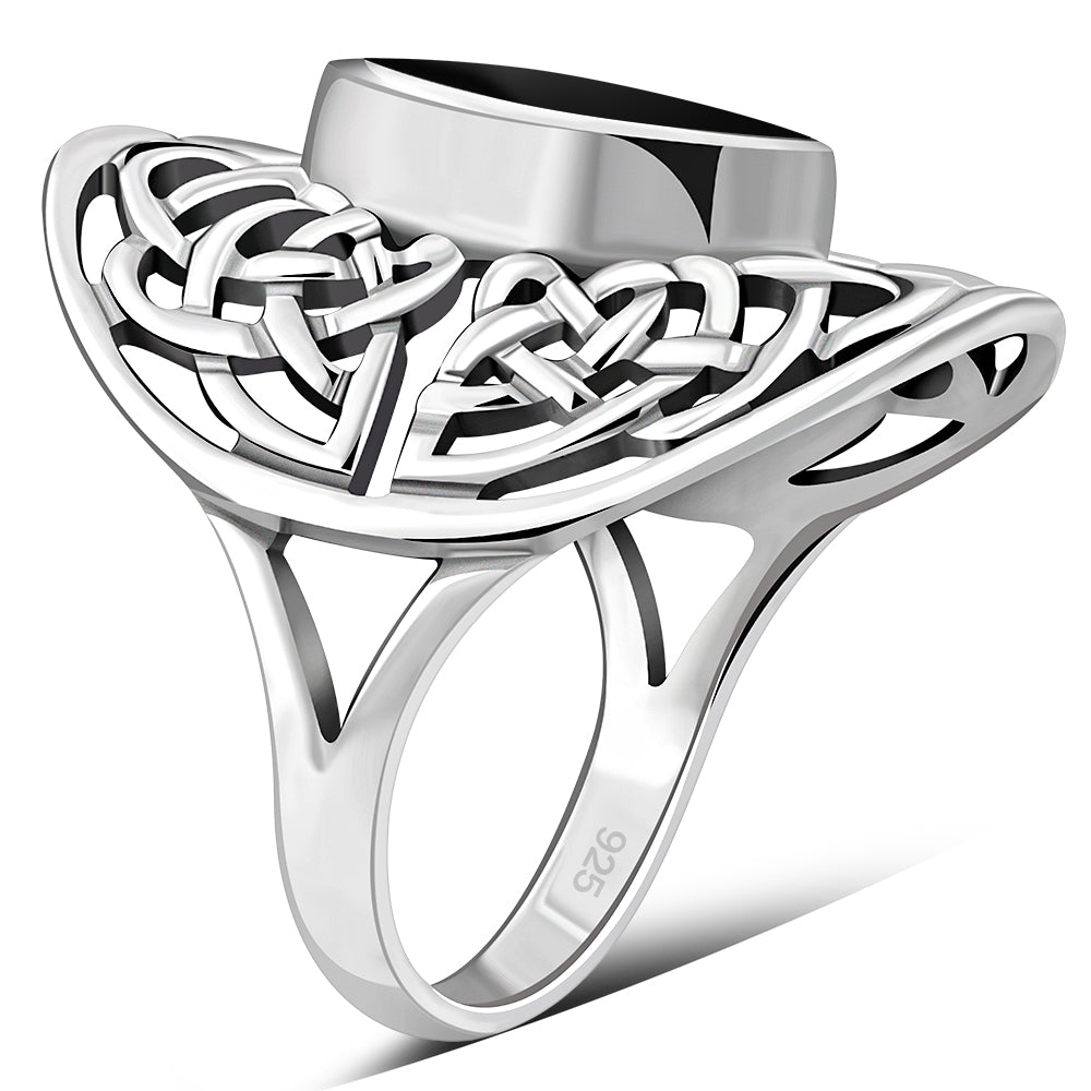 Large Black Onyx Celtic Knot Silver Ring
