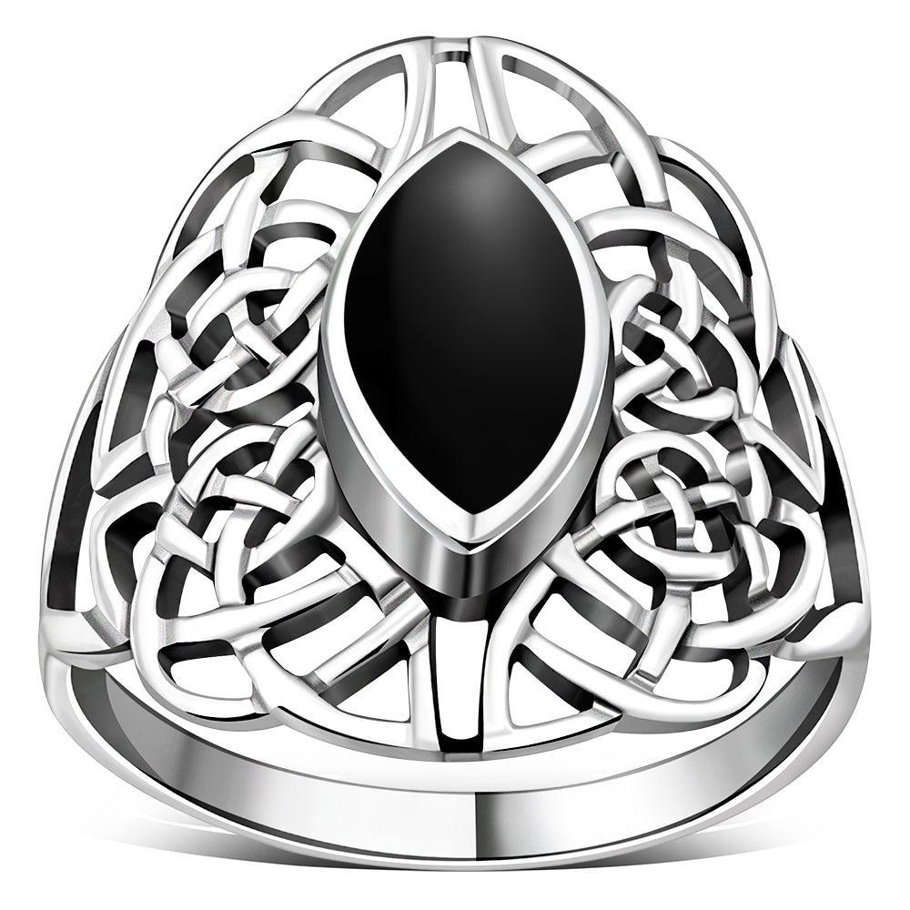 Large Black Onyx Celtic Silver Ring