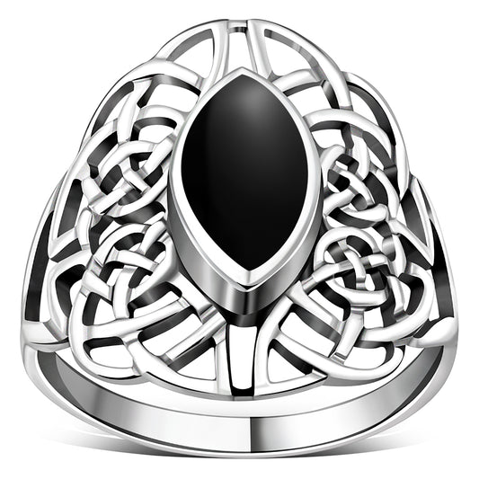 Large Black Onyx Celtic Silver Ring