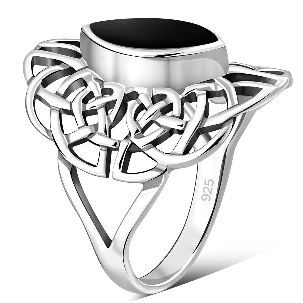 Large Black Onyx Celtic Silver Ring