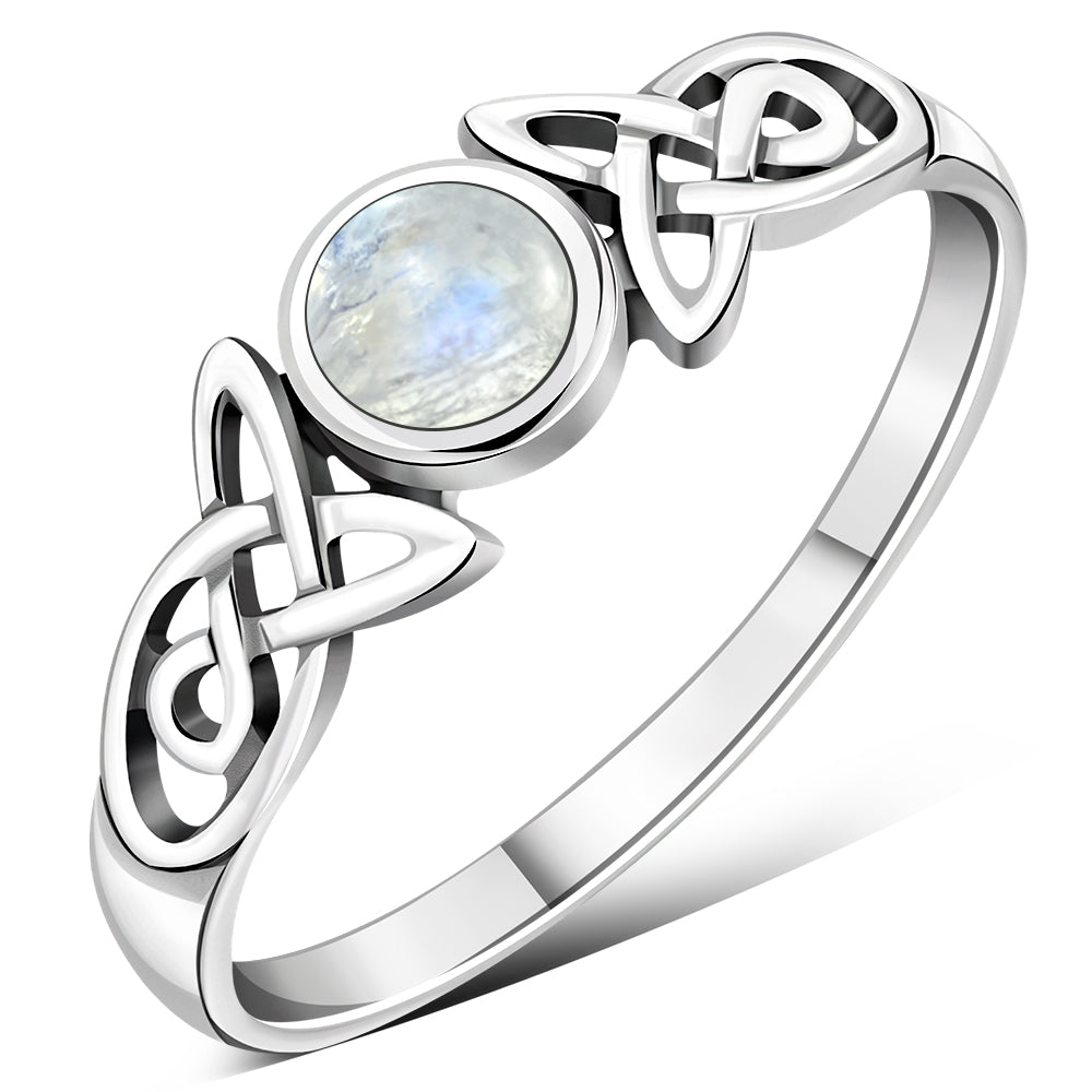 Rainbow Moonstone Celtic Trinity Silver Ring