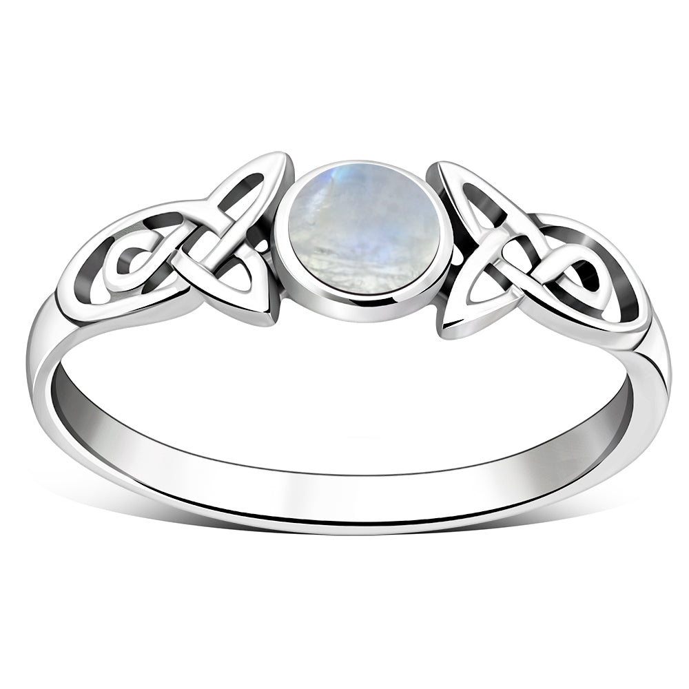 Rainbow Moonstone Celtic Trinity Silver Ring