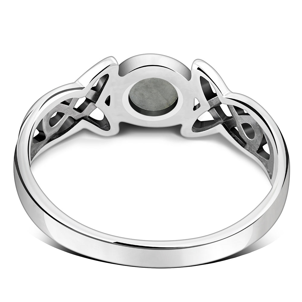 Rainbow Moonstone Celtic Trinity Silver Ring