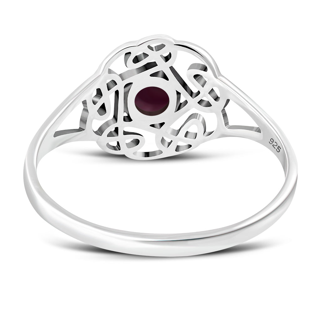 Garnet Stone Round Celtic Knot Silver Ring