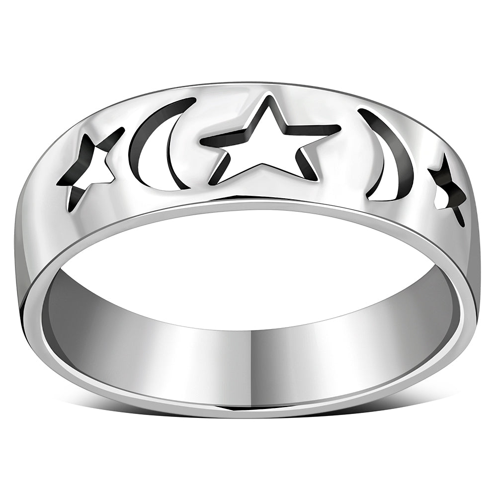 Moon & Stars Silver Band Ring