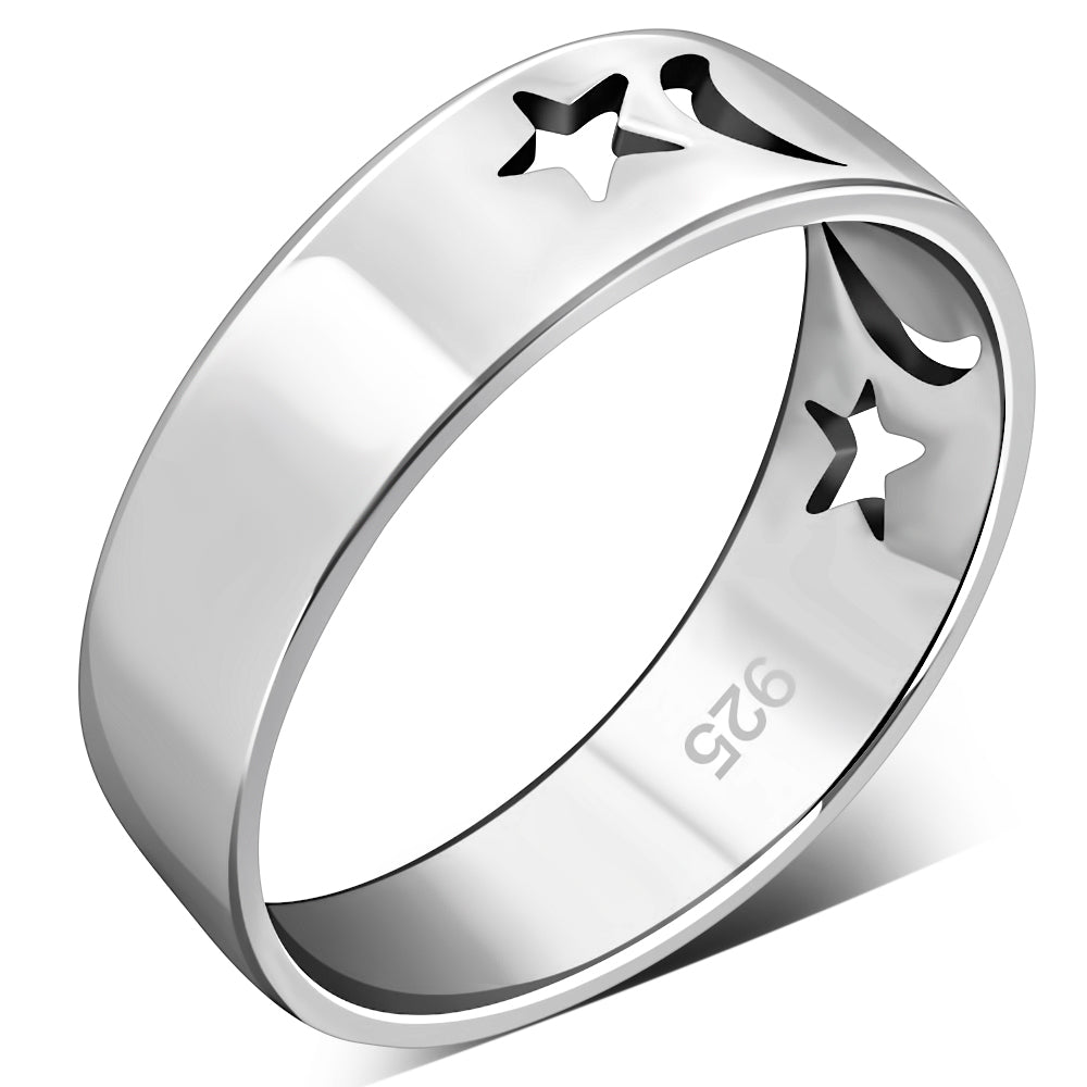 Moon & Stars Silver Band Ring