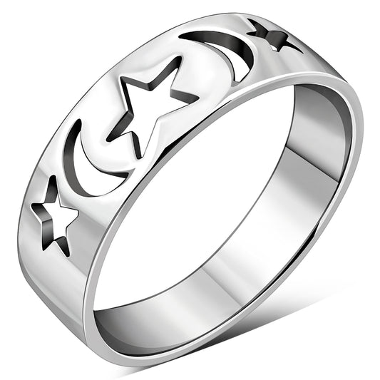 Moon & Stars Silver Band Ring