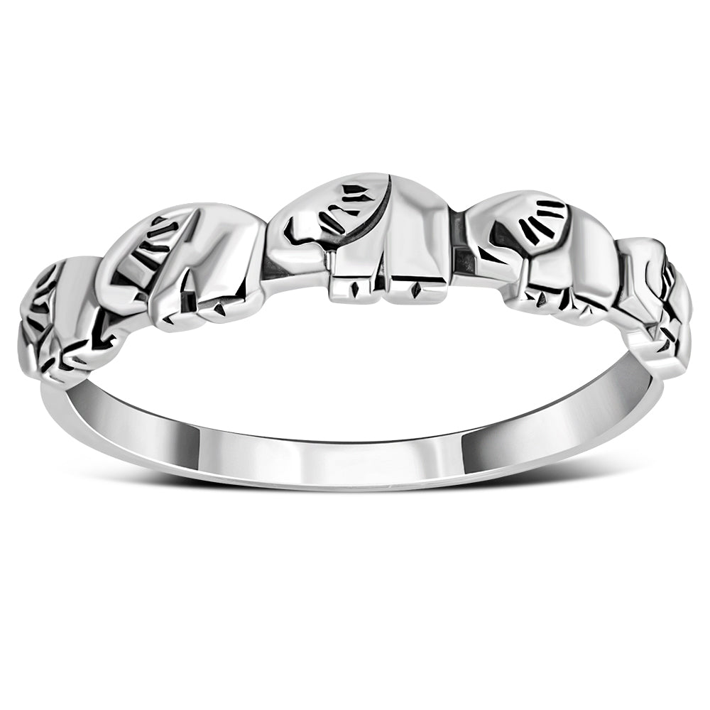 Elephants On A Journey Silver Band Ring