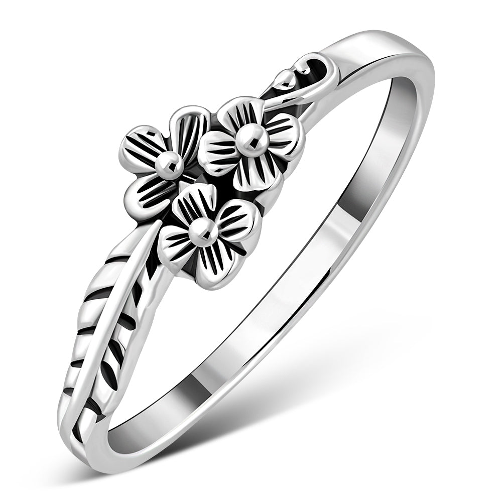 Plain Ethnic Flowers Silver Ring