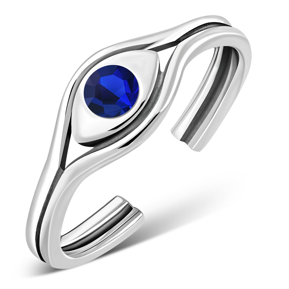 Blue Sapphire CZ Evil Eye Silver Toe Ring