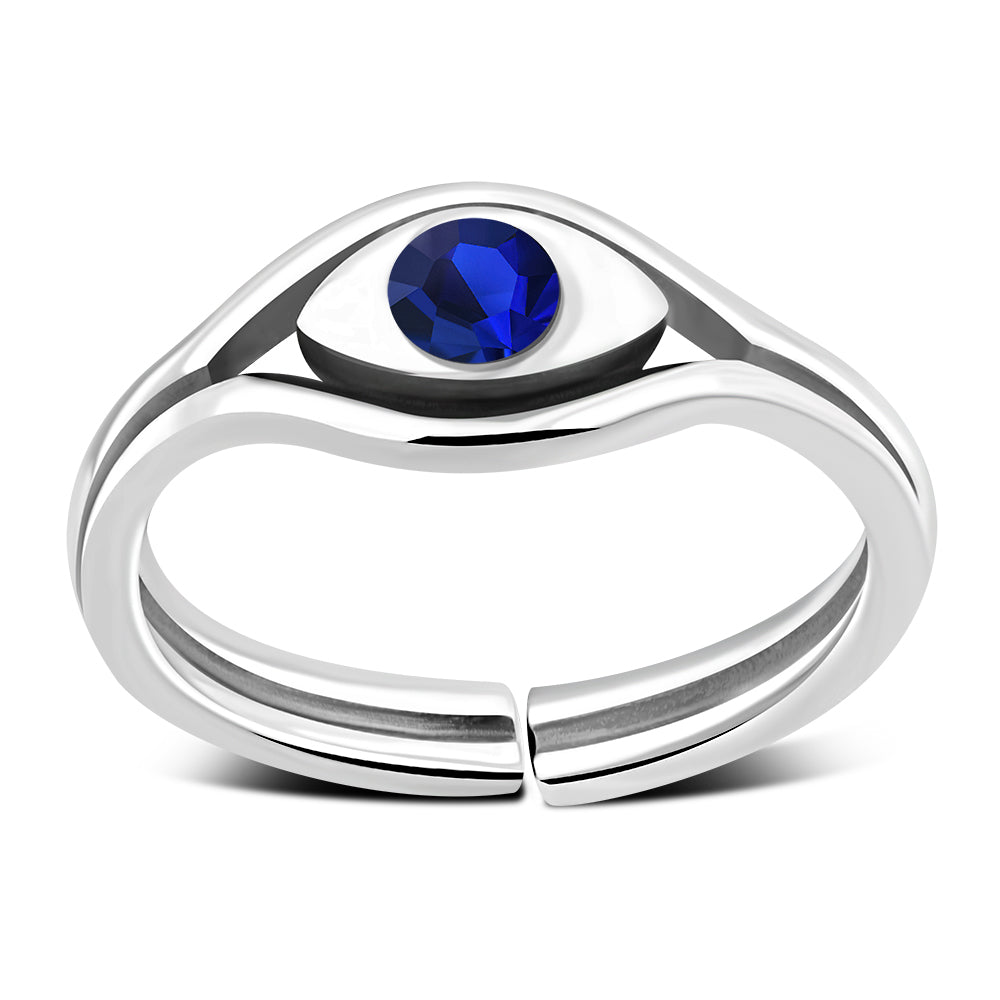 Blue Sapphire CZ Evil Eye Silver Toe Ring