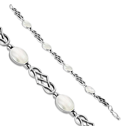 Mother Of Pearl Shell Oval Links Celtic Knot Silver Bracelet