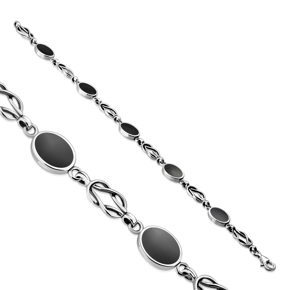 Black Onyx Oval Links Celtic Knot Silver Bracelet