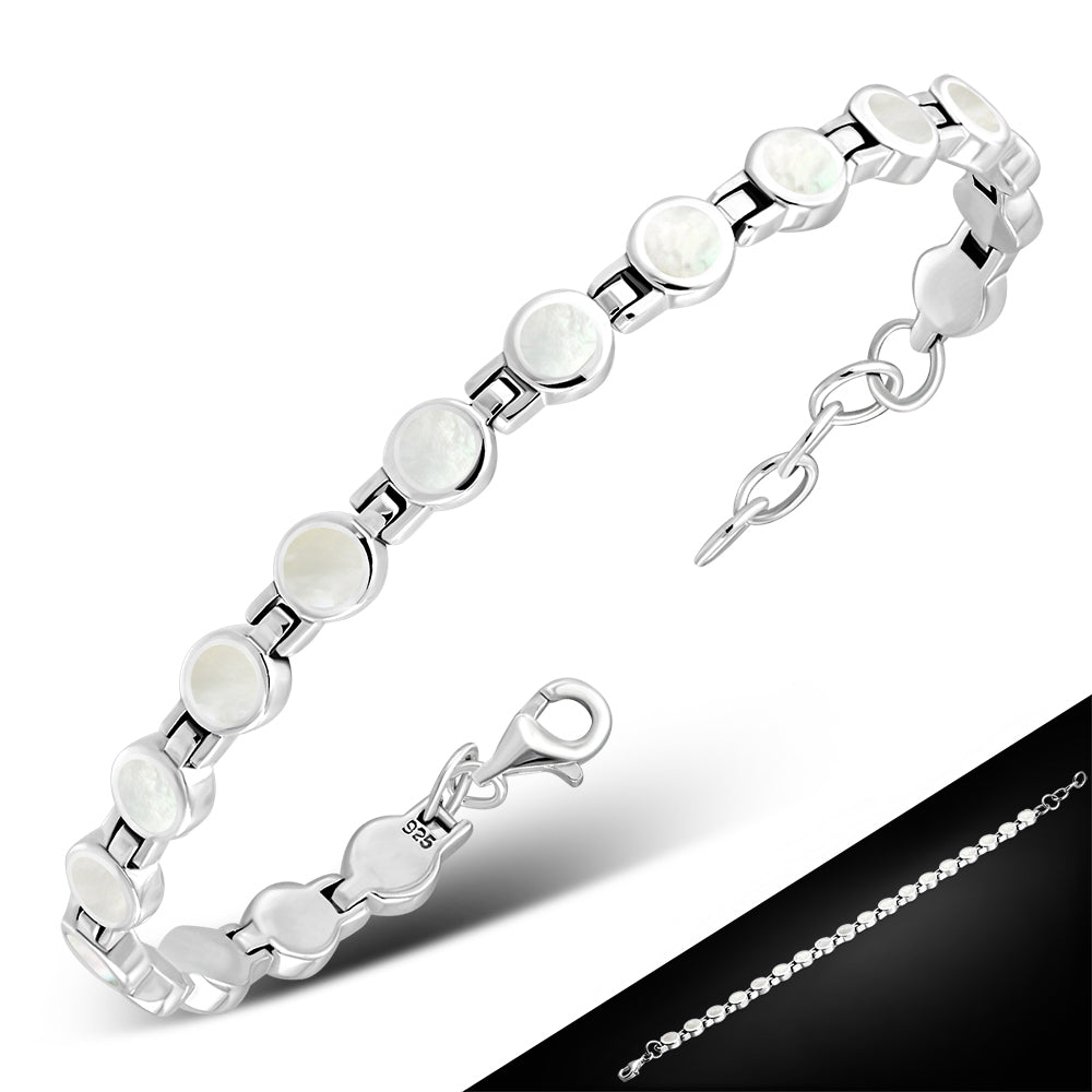 Mother Of Pearl Shell Round Circle Links Silver Bracelet