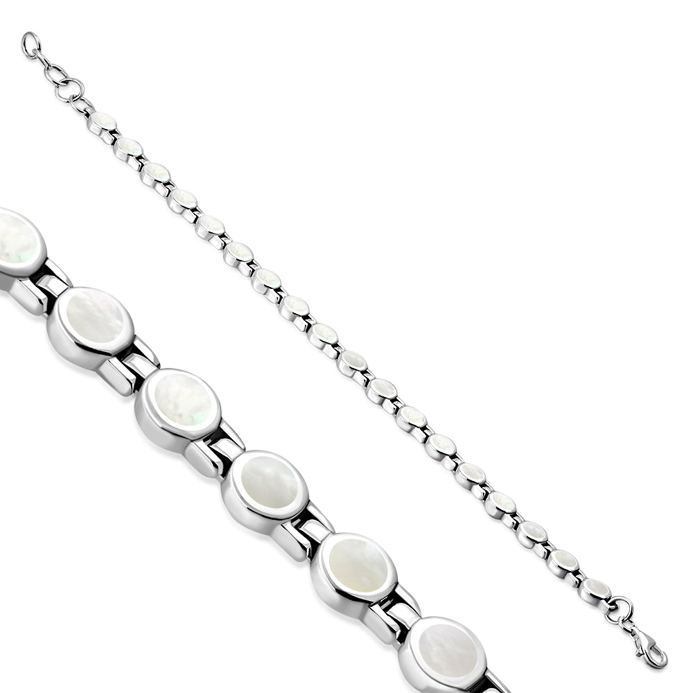 Mother Of Pearl Shell Round Circle Links Silver Bracelet