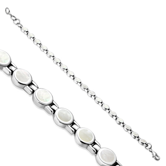 Mother Of Pearl Shell Round Circle Links Silver Bracelet