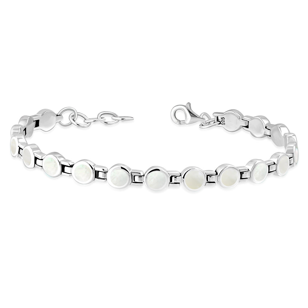Mother Of Pearl Shell Round Circle Links Silver Bracelet