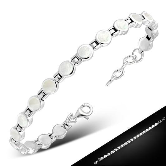 Mother Of Pearl Shell Round Circle Links Silver Bracelet