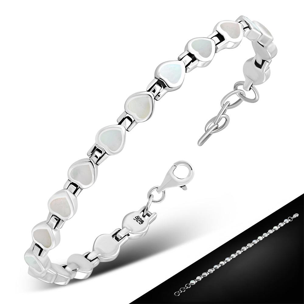 Mother Of Pearl Shell Love Heart Links Silver Bracelet