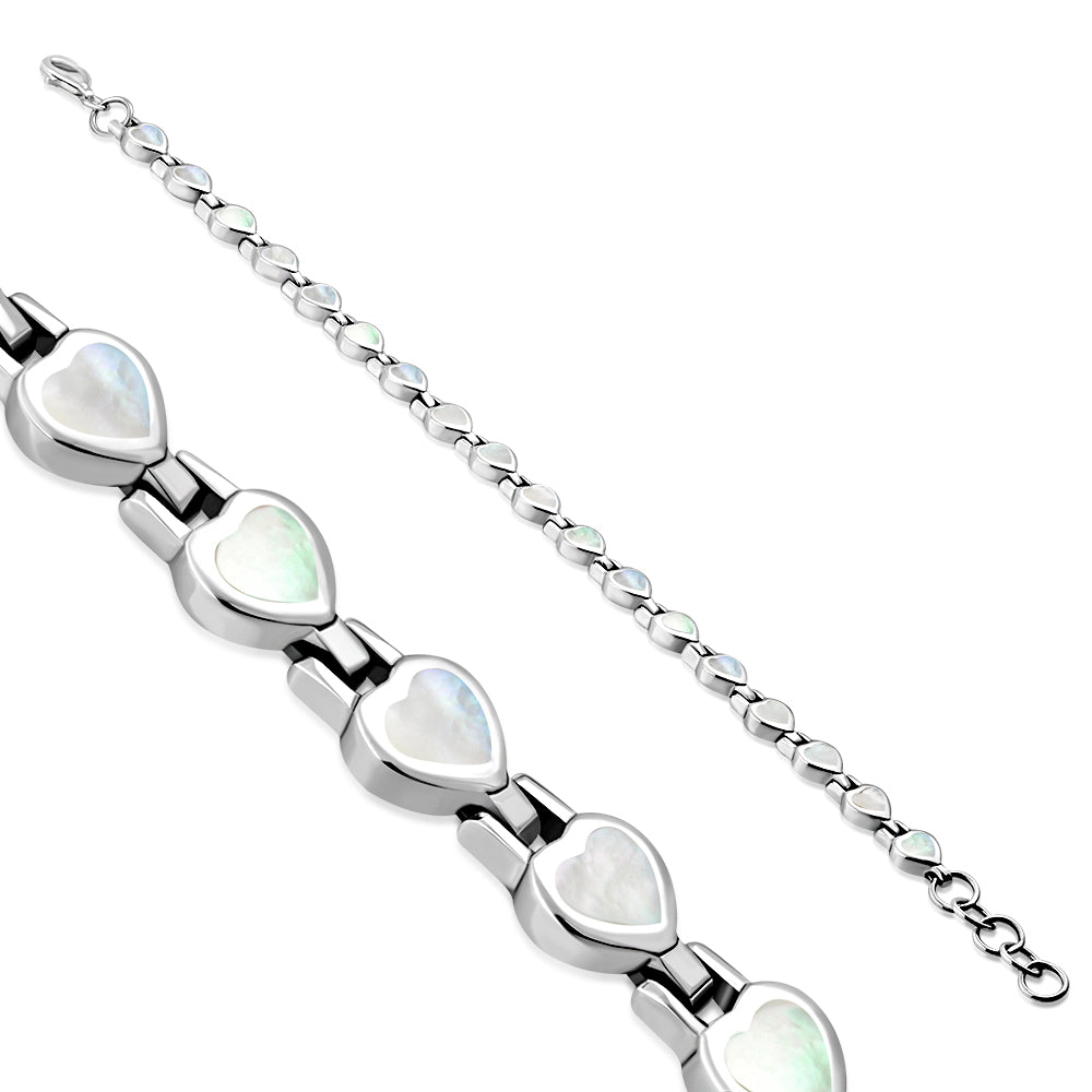 Mother Of Pearl Shell Love Heart Links Silver Bracelet