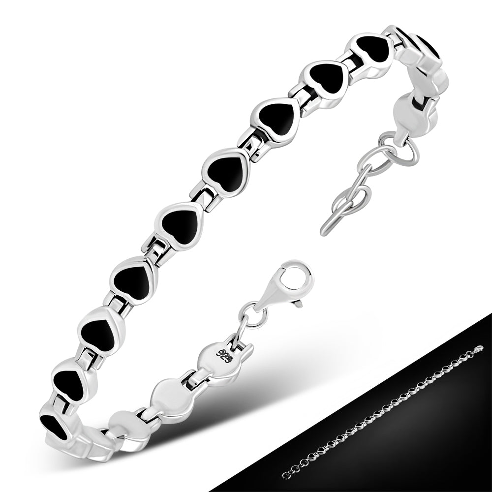 Black Onyx Love Heart Links Silver Bracelet